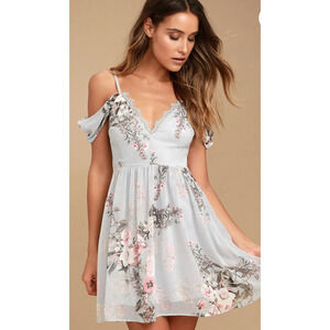 Lulus Verona Light Blue Floral Print Off-the-Shoulder Lace Dress